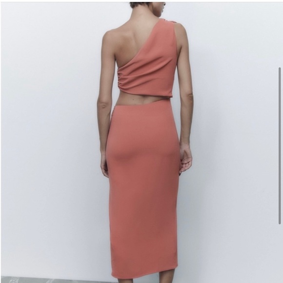 Zara Asymmetric Ruched Marsala Midi Dress Size - Picture 4 of 8